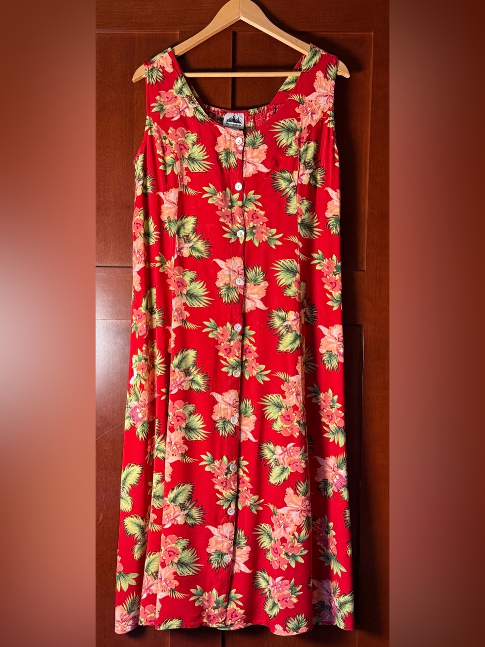 90’s Metropolitan Sleeveless Red Hibiscus Print Maxi Dress Button Front Size L
